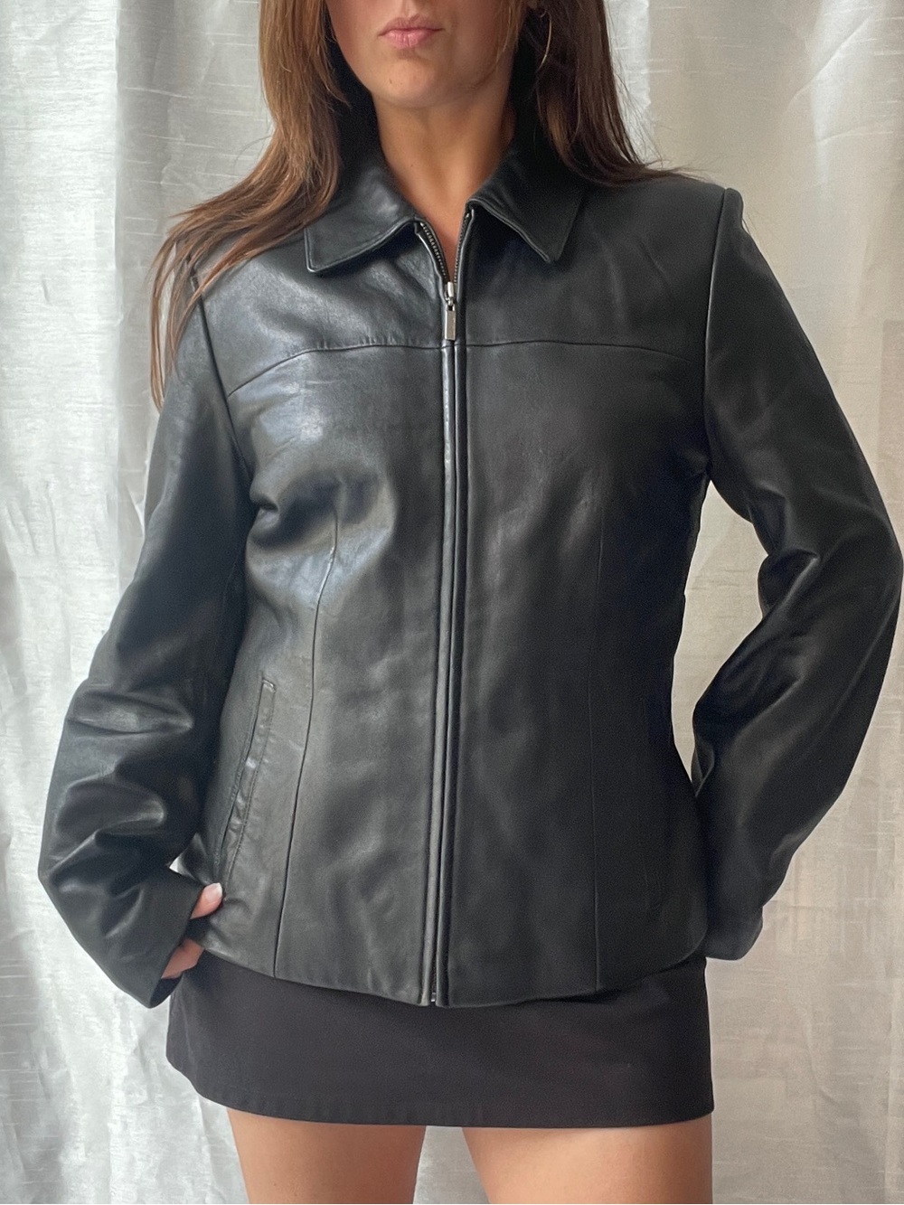 Vintage Leather Jacket Women's Medium Black Full Zip Fitted Biker Grunge Y2K